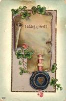 11 db régi dombornyomott üdvözlőlap, litho is (Karácsony, Újév, Húsvét) / 11 pre-1945 embossed greet...