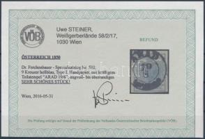 9kr HP I. light blue "ARAD" Certificate: Steiner 9kr HP I. világoskék "ARAD" Cer...