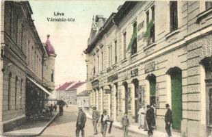 Léva, Levice; Városház-köz, Központi szálloda, Záhorszky István hentes, Nagy J., Feiner és Kürti üzlete, Népbank / street view, shops, hotel, bank, butcher (EK)