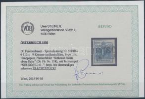 9kr HP III deep dark blue, missing corner right above "NEUSO(HL)" Certificate: Steiner 9kr...