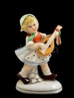 Kislány lanttal, német porcelán figura, kézzel festett, jelzett, hibátlan, m: 11 cm