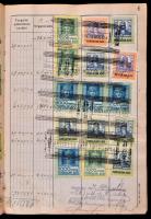 1924-1933 Forgalmi adókönyv, számos, kb. 1100 db okmány és forgalmi adó bélyeggel, kopottas, foltos félvászon-kötés.