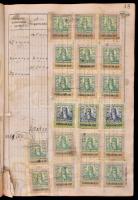 1924-1933 Forgalmi adókönyv, számos, kb. 1100 db okmány és forgalmi adó bélyeggel, kopottas, foltos ...