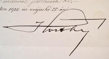 1920 VÉDETT! Horthy Miklós május 28-án kelt, diktált, saját kezűleg aláírt levele (+boríték) Simonyi...