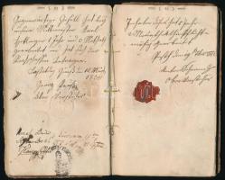 1830-1842 Vándorkönyv, cipész részére, német és cseh nyelven, számos bejegyzéssel, pecsétekkel, közt...