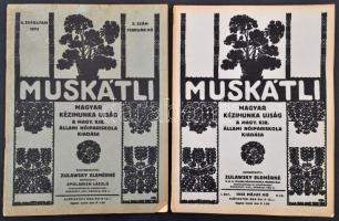1932-1933 Muskátli. Magyar kézimunka újság két száma. Szerk.: Zulawsky Elemérné. I. évf. 8. sz. és II. évf. 5. sz. Mellékletekkel.