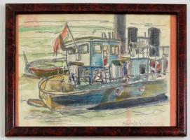 Vadász jelzéssel: Vontatóhajó. Akvarell-szén, papír, üvegezett keretben, 22×30 cm