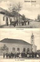 1908 Ekel, Okolicná na Ostrove; utcakép, Református templom, Kelner Ignácz üzlete és saját kiadása / street view with shop, church