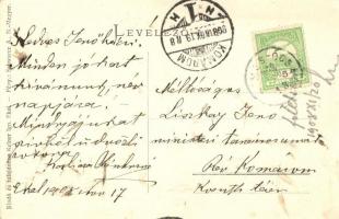 1908 Ekel, Okolicná na Ostrove; utcakép, Református templom, Kelner Ignácz üzlete és saját kiadása /...