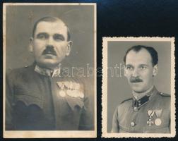 cca 1910-1940 Katonák kitüntetésekkel (osztrák-magyar törzsőrmester, Magyar Kir. Honvédség főhadnagy), 2 db fotó, 8,5x6 és 11x8 cm