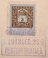 1913 M. Kir. József-Műegyetem mérnöki oklevelének másolata, pecséttel, 3 k. okmánybélyeggel, szakadt