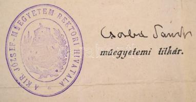 1913 M. Kir. József-Műegyetem mérnöki oklevelének másolata, pecséttel, 3 k. okmánybélyeggel, szakadt