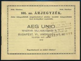 1928 Bp. VI., Az AEG Unio Magyar Villamossági Rt. 101. sz. árjegyzéke, szórólappal