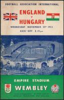 1953 Magyarország-Anglia, a legendás 6:3-as labdarúgó mérkőzés meccsfüzete, és egy belépőjegye a Wembley Stadionba, ahol az Aranycsapat legyőzte az évtizedek óta veretlen Angliát. A füzet sarkán enyhe hajtásnyom.  1953 Hungary - England, legendary football match booklet, and a entry ticket to the Wembley Stadium, where the Golden Team of Hungary defeated England. Booklet is slightly dog-.eared