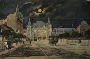 Temesvár, Timisoara; Józsefvárosi indóház, Vasútállomás, villamos / railway station, tram (lyuk / hole)