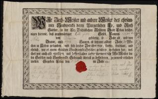 1811 Eger (Erlau) kézműves céh céhlevele debreceni születésű legény részére. Rézmetszet, viaszpecséttel / Guild Warrant. 24x26 cm