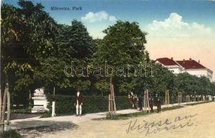 Szávaszentdemeter, Mitrovitz an der Save, Sremska Mitrovica; Park. Jovan Mihajlovits kiadása / park + vasúti pecsét / railway stamp