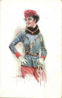 Lady soldier with sword. Italian art postcard. ERKAL No. 331/b. s: Usabal (EK)