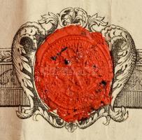 1831 Debreceni tímár céh mesterlevele, rajta a város rézmetszetű képével és címerével. Viaszpecsétte...