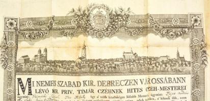 1831 Debreceni tímár céh mesterlevele, rajta a város rézmetszetű képével és címerével. Viaszpecsétte...