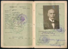 1923 A Magyar Királyság által kiadott fényképes útlevél, okmánybélyeggel, bejegyzésekkel, pecsétekke...