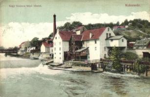 Kolozsvár, Cluj; Nagy-Szamos folyó részlet, malom. Schuster Emil kiadása / Somesul Mare River, mill (ázott sarok / wet corner)