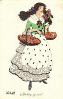 Boldog Új Évet! / Art Nouveau lady with mushrooms. B.K.W.I. 3090-3. s: Mela Koehler (EK)