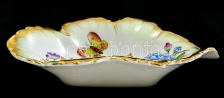 Herendi Viktória mintás leveles tálka, kézzel festett, jelzett, kopásnyomokkal, 15x8,5 cm