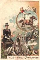~1899 Copenhagen, Gruss aus Cirkus Schumann / circus advertisement, horse show. Reisinger & Co. Art Nouveau, litho (Rb)