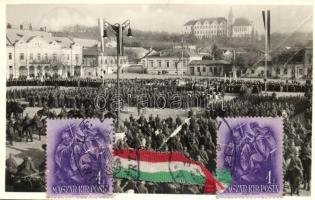 1938 Léva, Levice; bevonulás, Tábori mise a Kossuth téren, rajta magyar zászló, szalag / entry of the Hungarian troops, Hungarian flag, ribbon + Léva visszatért So. Stpl. (fa)