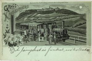 1898 Vienna, Wien XIX. Kahlenberg, Gruss aus Restauration Kahlenberg / cogwheel railway with locomotive, restaurant's advertisement. Regel & Krug Art Nouveau, floral, litho