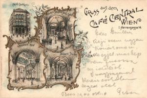 1900 Vienna, Wien I. Gruss aus dem Café Central, Schach-Salon und Spielsäle, Billar Salon, Arkaden Hof. Herrengasse 14. / cafe interior, chess, game and billiard halls. Art Nouveau, floral, litho