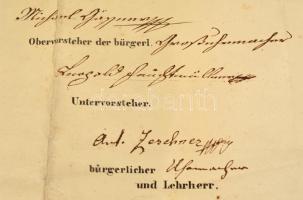 1843 Bécs látképe a cipészek céhének mesterlevelén. Fametszet, szignált. Erős hajtásnyomokkal, kis s...