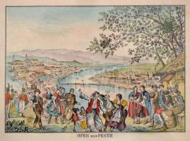 cca 1830 Ofen und Pesth, Pest-Buda látképe dél felől, hajóhíddal, az előtérben mulató emberekkel, színezett rézmetszet, papír, üvegezett fa keretben, 12,5×16 cm