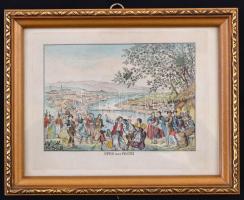 cca 1830 Ofen und Pesth, Pest-Buda látképe dél felől, hajóhíddal, az előtérben mulató emberekkel, sz...