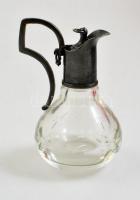 Mini üveg karafa, fém füllel és kiöntővel, m: 8 cm