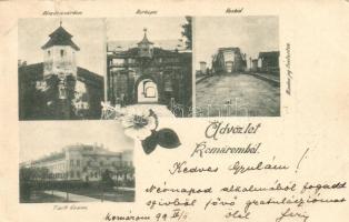 1899 Komárom, Komárno; Kőszűz a várban, Várkapu, Vashíd, Tiszti Kaszinó / statue, bastion tower, castle, castle gate, bridge, casino. floral Art Nouveau (kis szakadás / small tear)