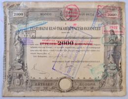 Budapest 1911. Pesti Hazai Első Takarékpénztár-Egyesület névre szóló részvénye 2000K-ról, szárazpecséttel, számos bélyegzéssel, vízjeles papíron T:III,III-