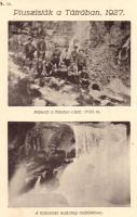 1927 Tátra, Piuszisták a Tátrában 3. sz. Pihenő a Bástya alatt, a tarpataki zuhatag felhőjében. Haladás nyomda kiadása Pécs / Hungarian catholic school students in the mountains, waterfall (vágott / cut)
