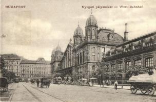 Budapest VI. Nyugati pályaudvar, Sturm József sörcsarnoka, villamosok, utcai árusok. Kiadja F. J. Képeslapkirály