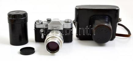 Zenit 3M fényképezőgép Jupiter-11 4/135 objektívvel, működőképes, jó állapotban, eredeti bőr tokban és objektívtartó dobozzal / Vintage Russian camera with Jupiter-11 lens