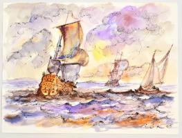 Binó jelzéssel: Hajók, akvarell-tus, papír, 24×32 cm