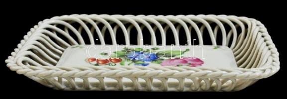 Herendi virág mintás áttör szélű tálka, kézzel festett, jelzett, hibátlan, 17×12 cm