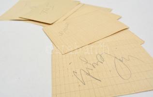 Az Aranycsapat 8 tagjának aláírásai noteszlapokon. Puskás (2x), Buzánszky, Grosics, Tóth II. Czibor,...