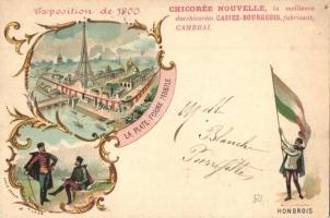 1900 Paris, Exposition Universelle. La plateforme mobile, Hongrois. Chicorée Nouvelle Cambrai / Mobile platform. Hungarian folklore, Hungarika. Chicory advertisement, Art Nouveau litho (Rb)
