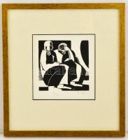 Barczi Pál (1933-2003): Tanakodók, fametszet, papír, jelzett, üvegezett fa keretben, 16×15 cm