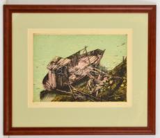 Görög Rezső (1930- ): Halász, színezett rézkarc, papír, jelzett, paszpartuban, üvegezett fa keretben,