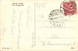 Budapest, Margit híd pesti hídfő, Lukács fürdő a háttérben, villamosok