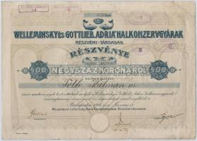 Budapest 1912. Welleminsky és Gottlieb Adria Halkonzervgyárak Részvénytársaság névre szóló részvénye 400K-ról, szárazpecséttel, szelvényekkel, bélyegzésekkel T:III kis szakadások
