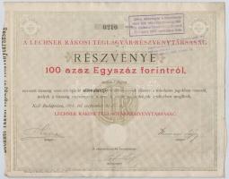 Budapest 1895. A Lechner Rákosi Téglagyár-Részvénytársaság részvénye 100Ft-ról, szárazpecséttel, szelvényekkel, felülbélyegzésekkel T:II